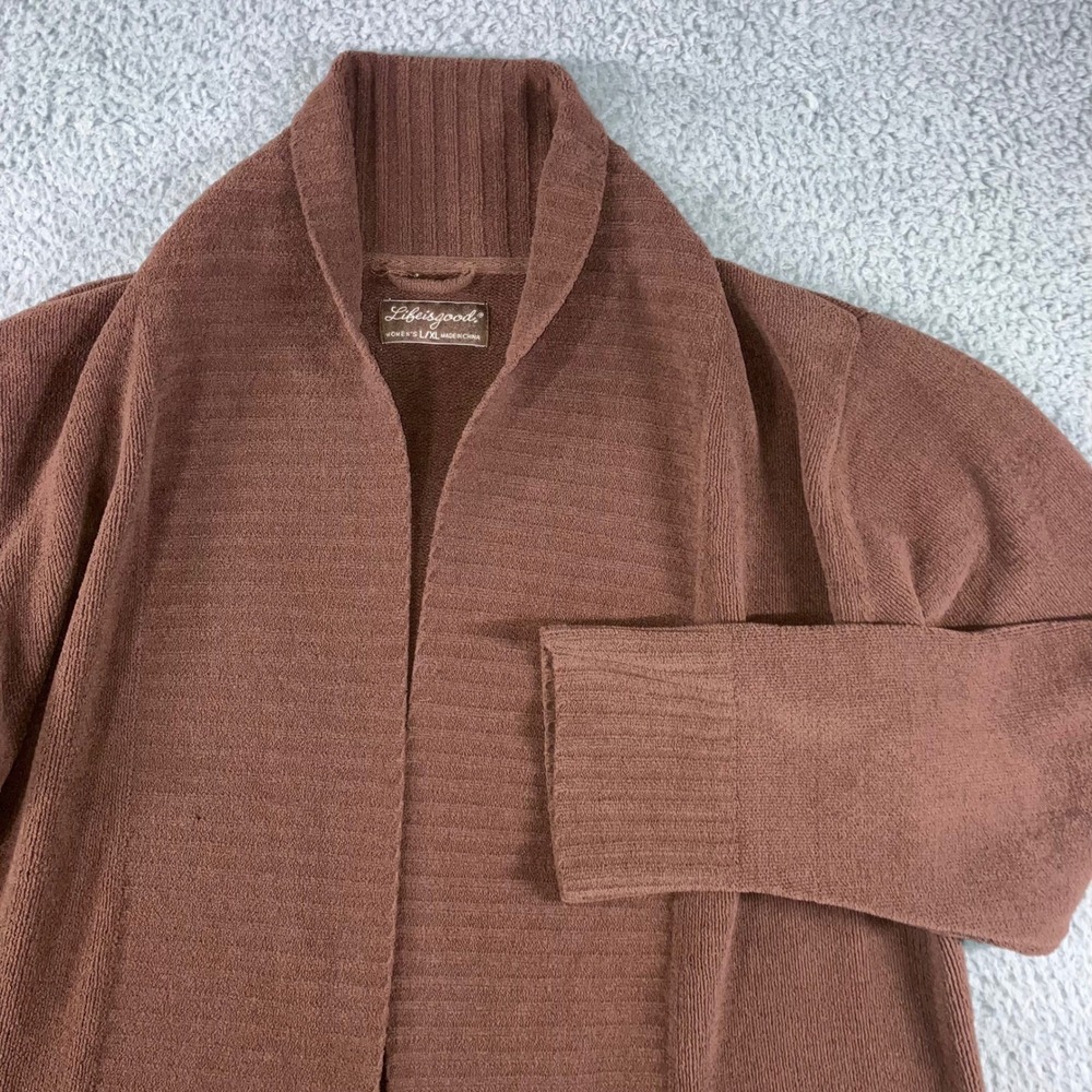 Brown Cardigan Women L/XL Open Front Longline Shawl Collar Pockets Academia